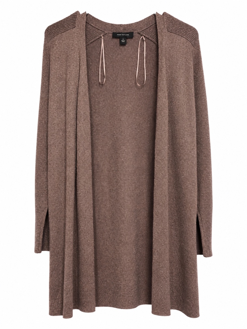 Ann Taylor Metallic Open Front Longline Cardigan | Taupe Shimmer | XS